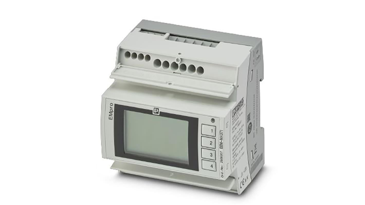 Contatore di energia Phoenix Contact 2908307, 2-3 fasi, display LCD, interfaccia Modbus/TCP, precisione classe 2, 64 mm di profondità.
