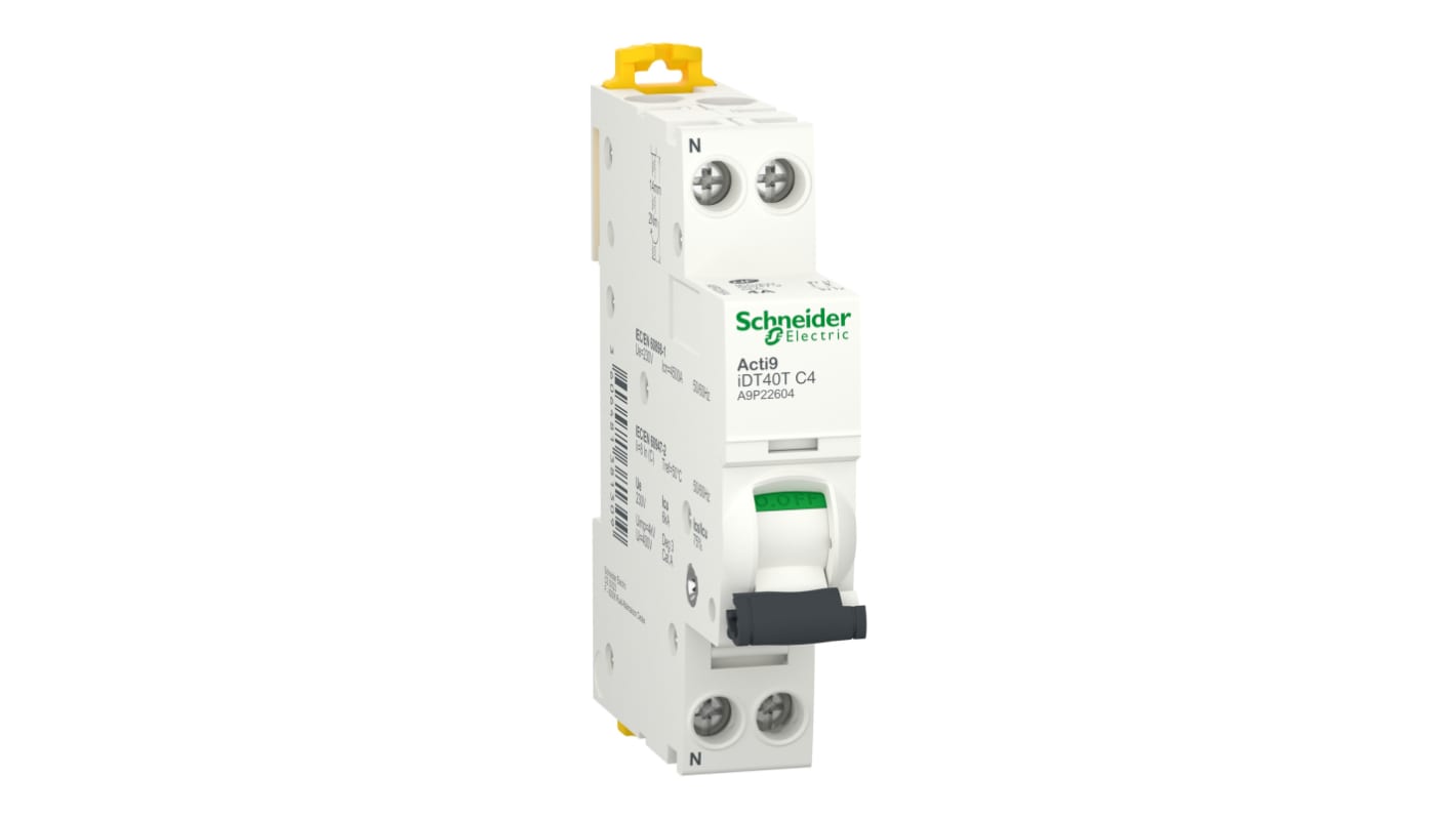 Interruttore magnetotermico Schneider Electric 1P+N, 4A, Tipo C, montaggio su guida DIN, dimensioni 18mm x 74mm x 85mm.