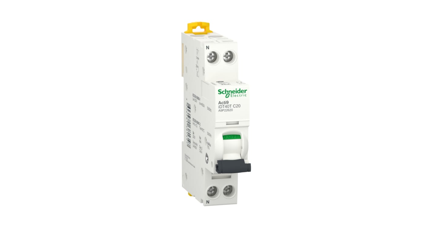 Interruttore magnetotermico Schneider Electric 1P+N, 20A, Tipo C, montaggio su guida DIN, dimensioni 18x74x85 mm.