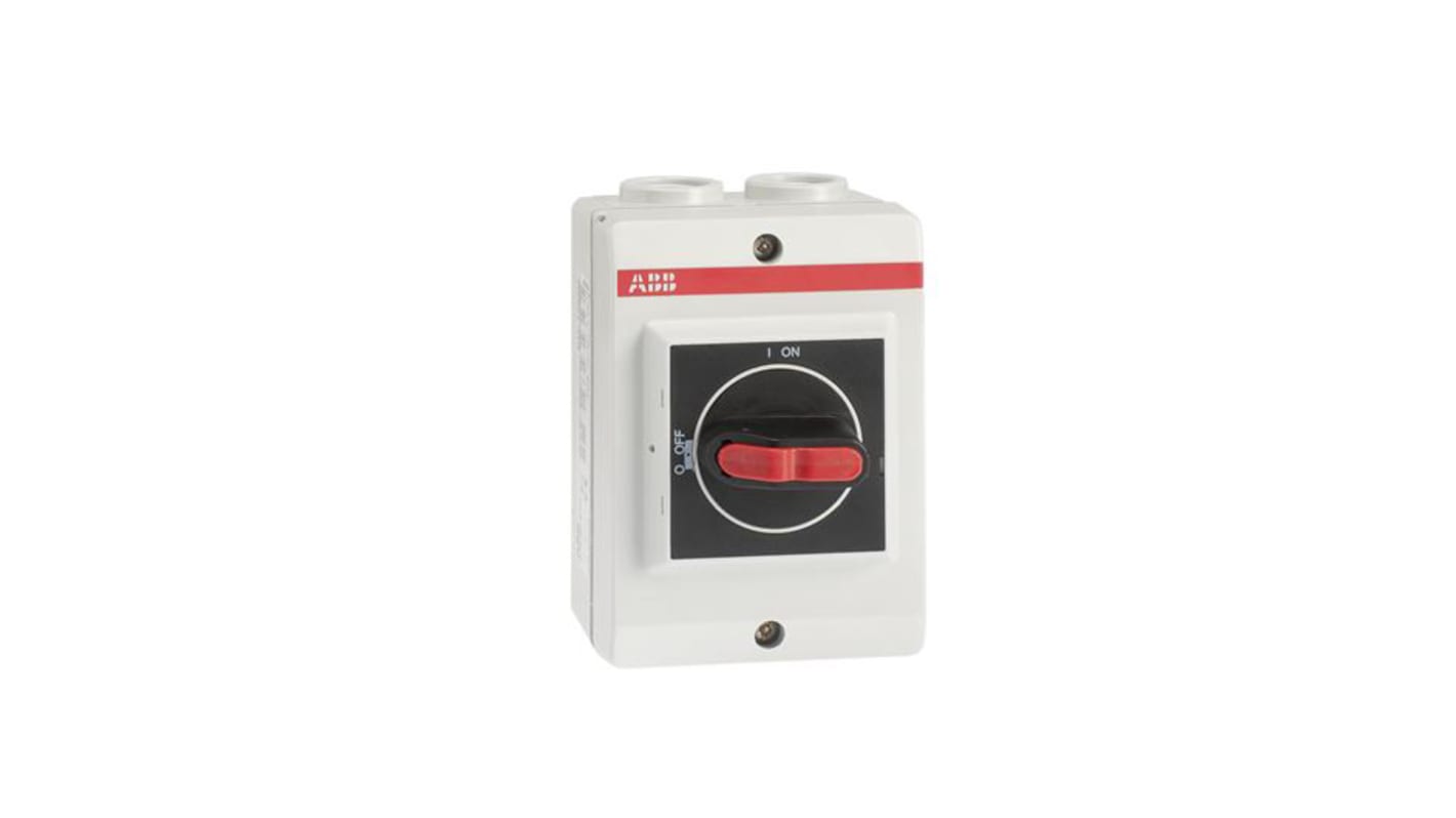 Interruttore di isolamento ABB 3 poli, 16A, 750V, IP65, con maniglia bloccabile e coperchio interbloccato, dimensioni 85x60x120 mm.