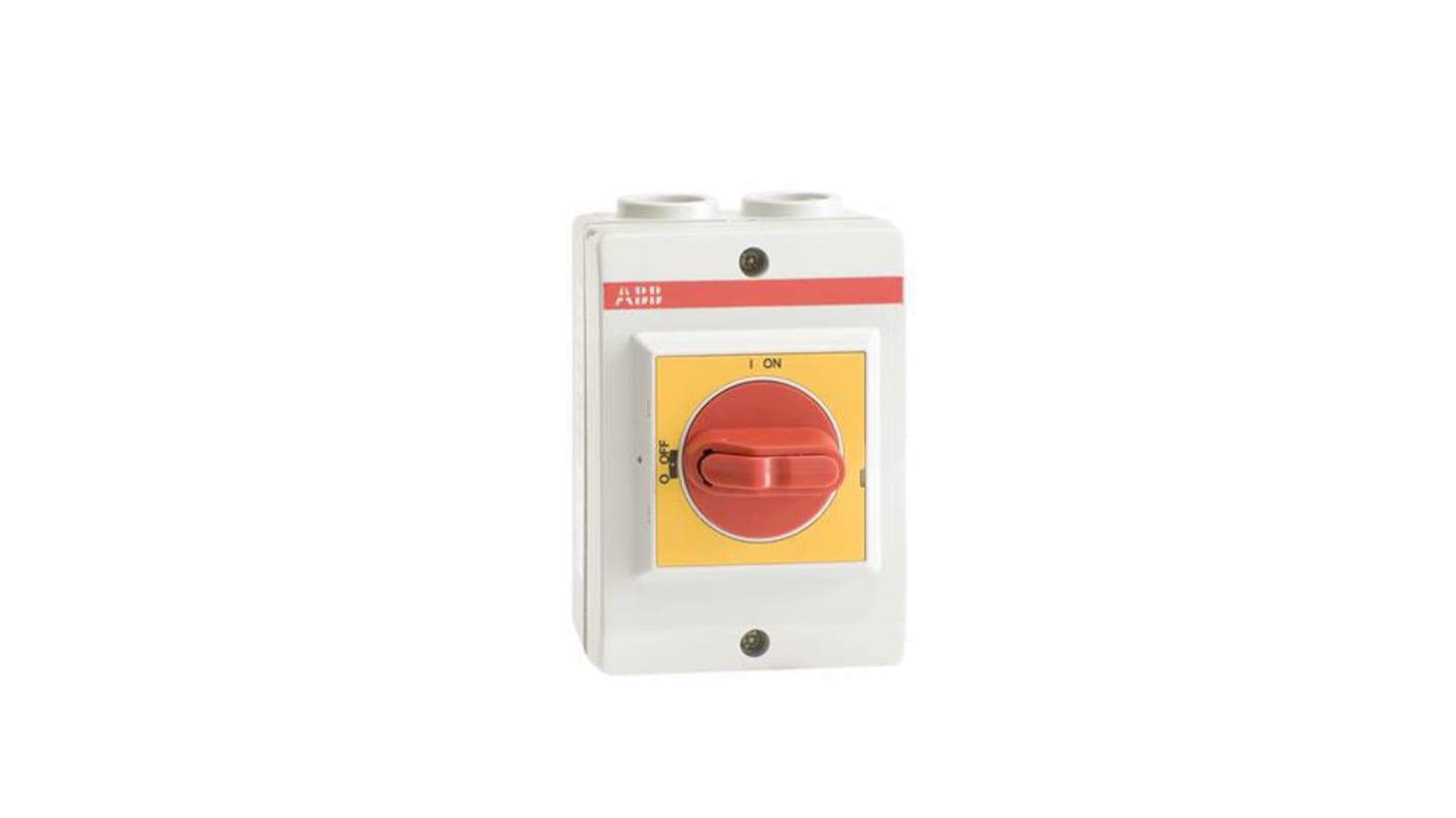 Interruttore di isolamento ABB 1SCA022401R3350, 3 poli, 16A, 750V, IP65, maniglia bloccabile, dimensioni 85x60x120mm.