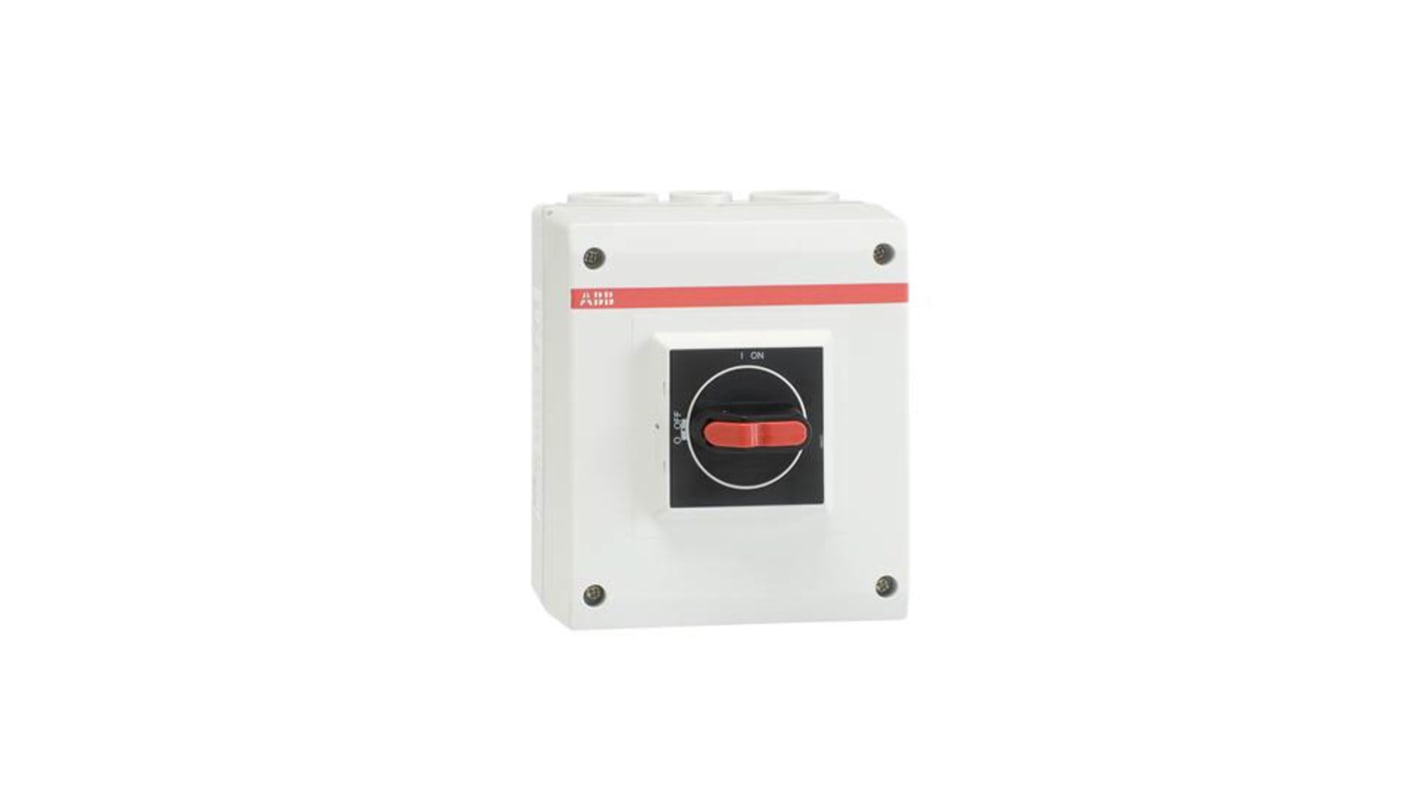 Interruttore di isolamento ABB 4 poli, 40A, 750V, IP65, contenitore in policarbonato, dimensioni 130x60x150mm.