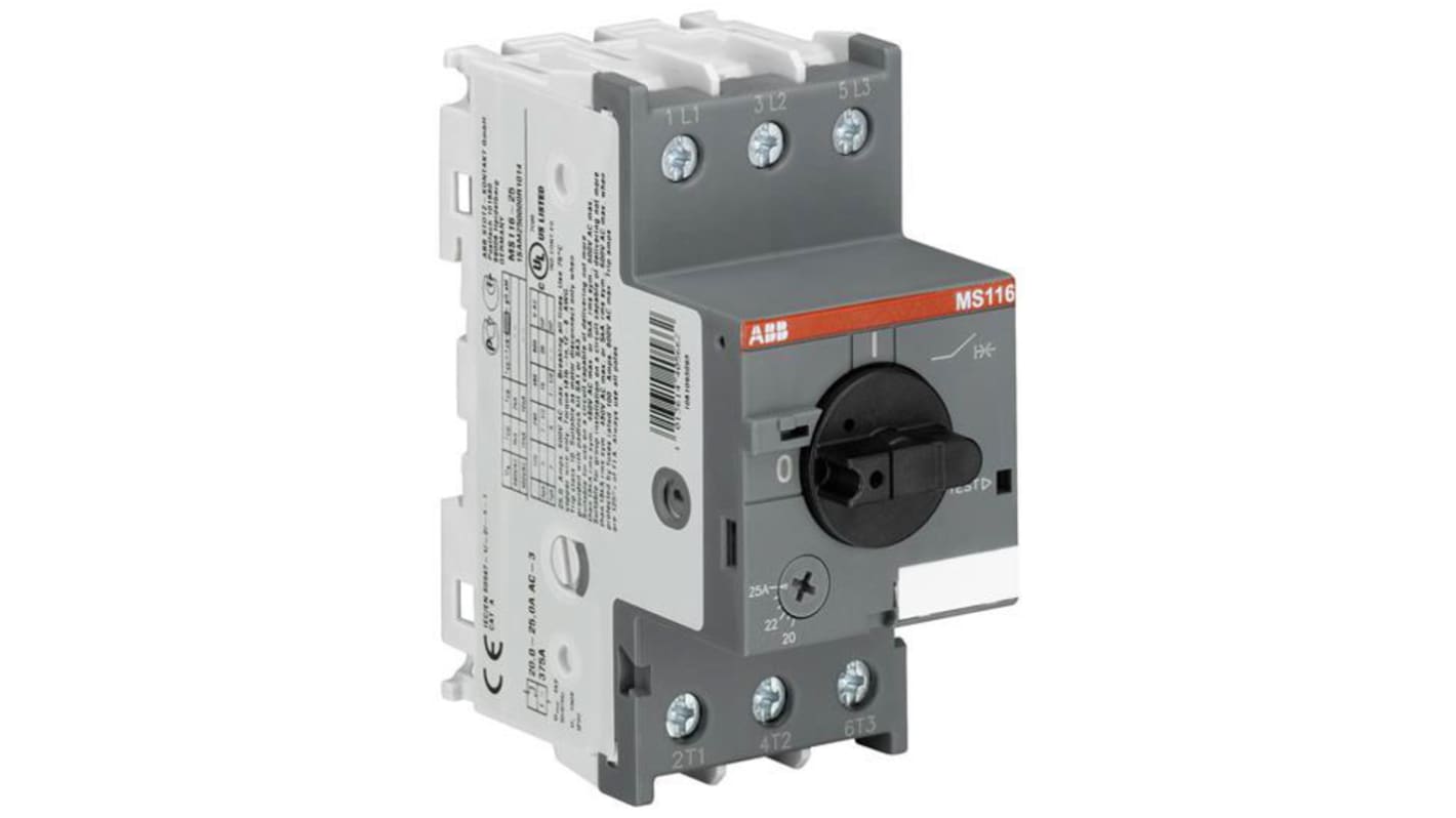 Avviatore manuale ABB 1SAM250000R1013, 7,5 kW, 20 A, montaggio su guida DIN, compatto 45 mm, funzione di scollegamento integrata.