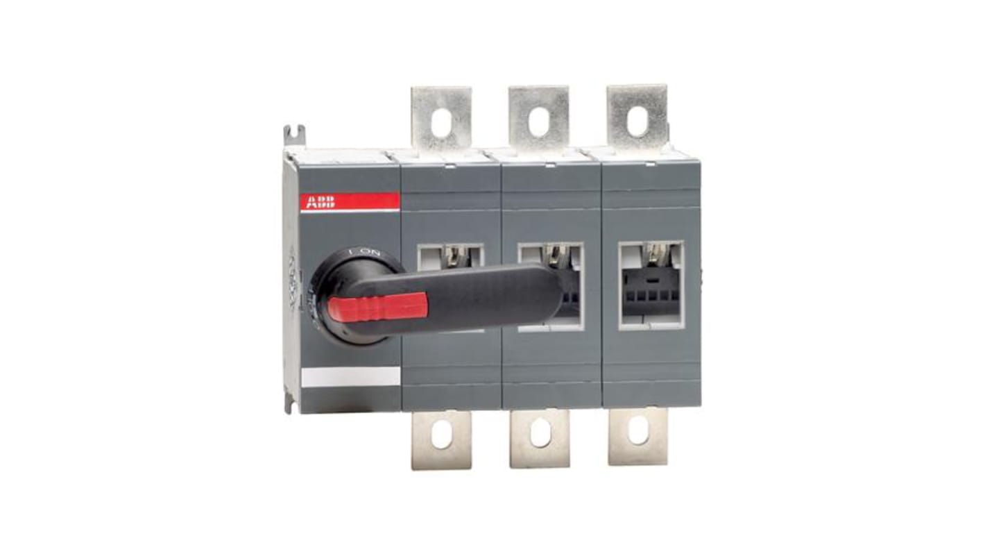 Interruttore di isolamento ABB 3 poli, corrente 630A, montaggio frontale, dimensioni 266x140x250mm, kit bulloni incluso.