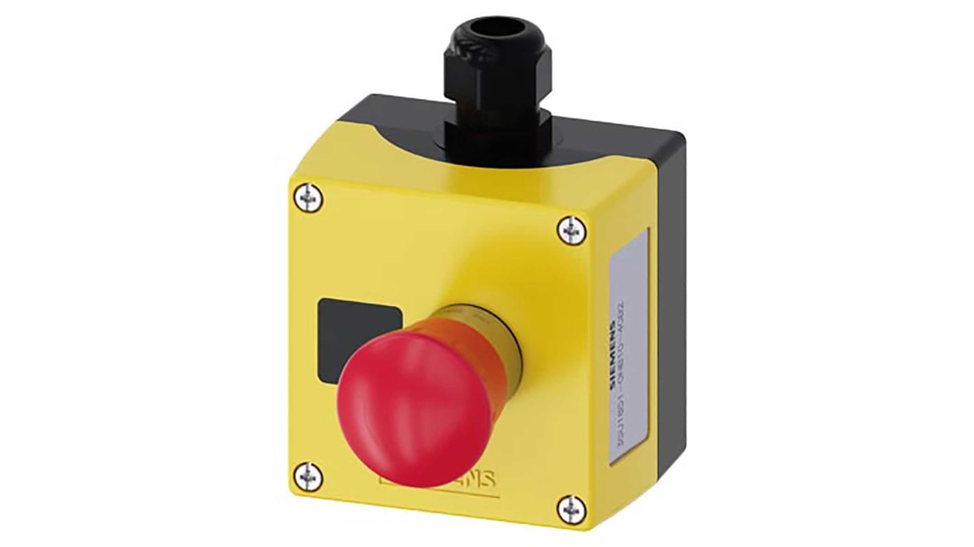 Pulsante di arresto di emergenza Siemens 3SU1851-0NB10-4GB2, rotondo, illuminato, montaggio superficiale, protezione IP66/IP67/IP69.