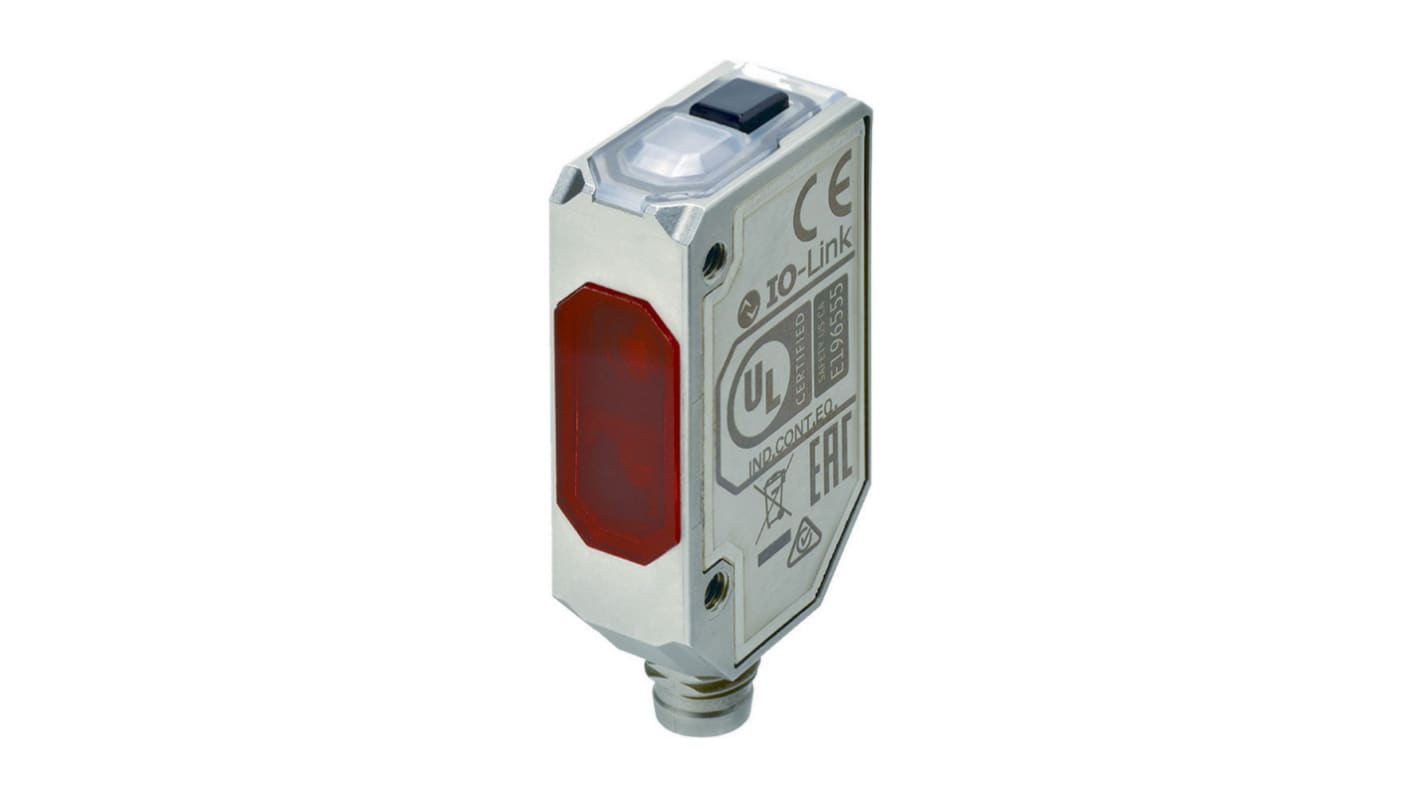 Omron E3AS-L200MT M3, sensore fotoelettrico compatto con rilevamento diffuso, gamma 10-200 mm, uscita PNP, connettore M8.