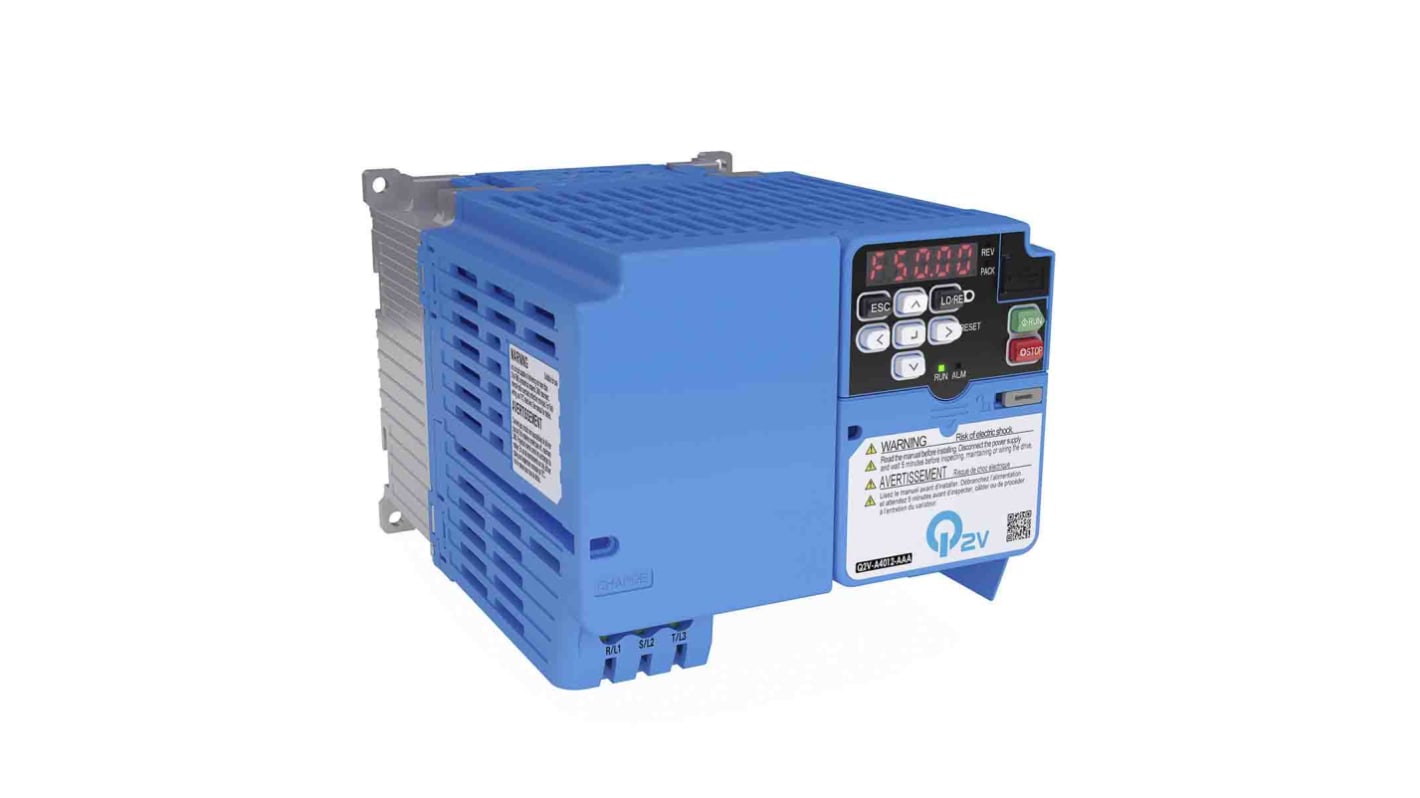 Inverter trifase Omron Q2V-A4012-AAA, 5,5 kW, montaggio a parete, dimensioni 193x140x128 mm, grado di protezione IP20.