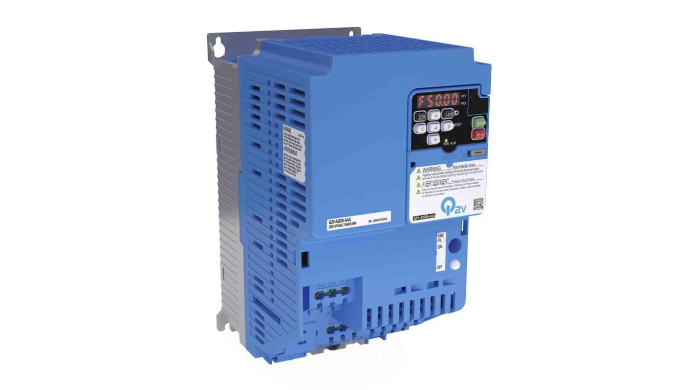 Inverter Omron Q2V-A4018-AAA, 7,5 kW, 400 V, 3 fasi, montaggio a parete, dimensioni 196x260x140 mm, grado di protezione IP20.
