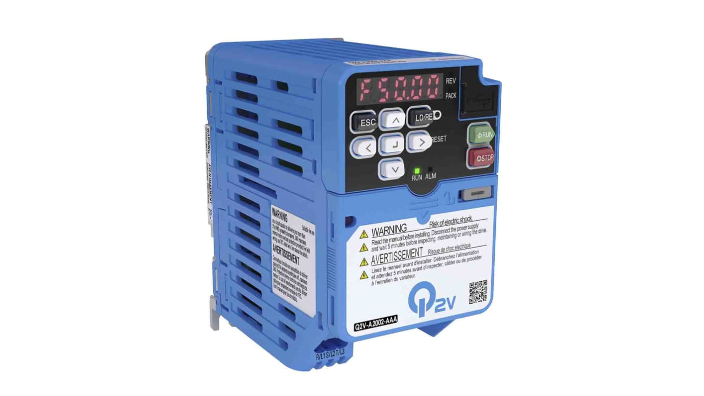 Omron Q2V-AB001-AAA, inverter monofase 0,18 kW, montaggio a parete, dimensioni 116x128x68 mm, interfacce Bluetooth ed Ethernet.