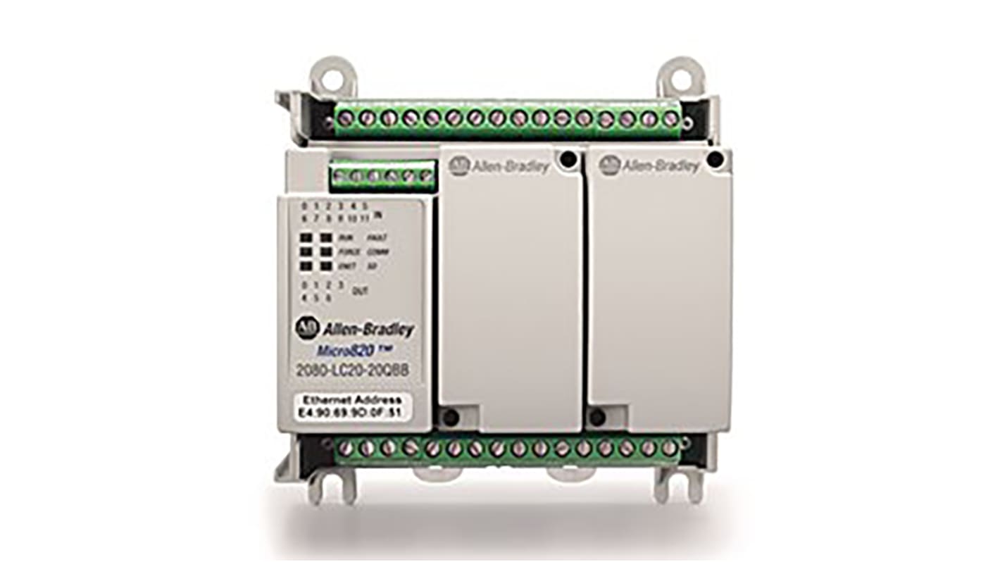 Controllore logico Rockwell Automation 2080-LC20-20QBBR, 20 I/O, montaggio su guida DIN, dimensioni 70 x 80 x 90 mm.
