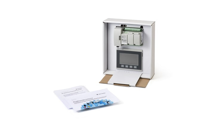 Rockwell Automation 2080-LC20-STARTERPACKRS, starter kit per CPU PLC Micro 820 con controller, alimentatore e terminale grafico.