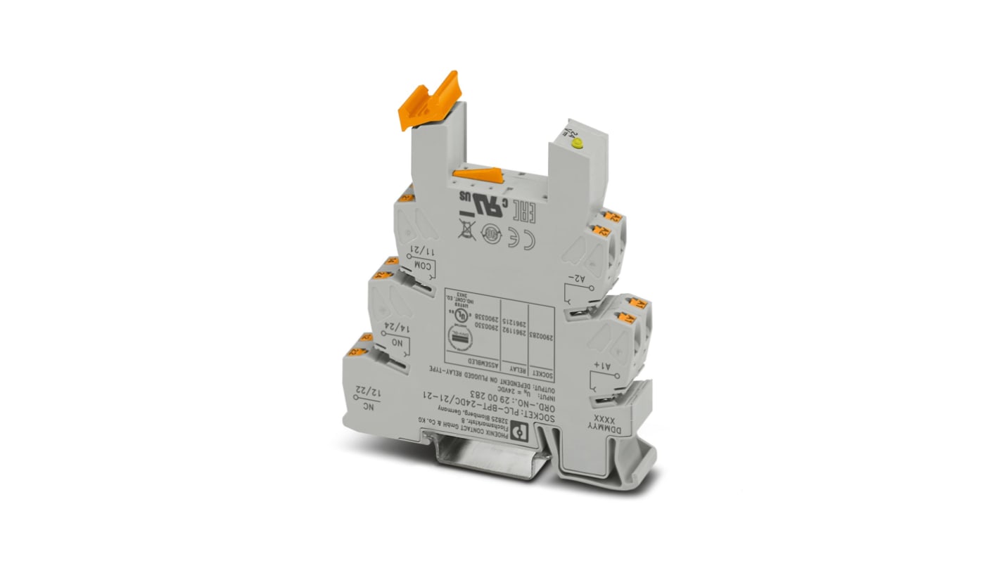 Zoccolo PLC-BPT 24DC Phoenix Contact, terminale morsettiera per guida DIN, 14 mm, 24 V c.c., 2 PDT, collegamento a innesto.