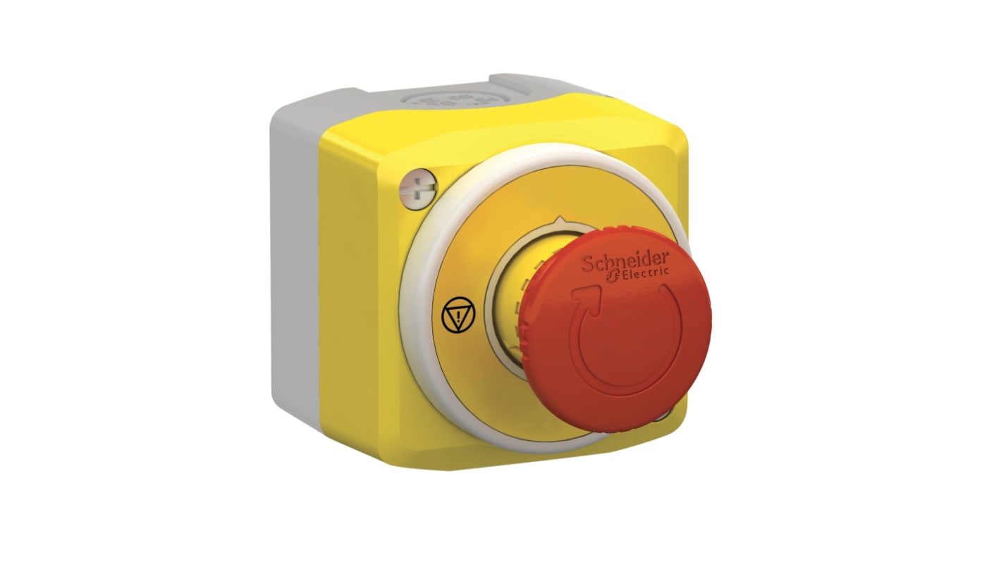 Pulsante di arresto di emergenza Schneider Electric, serie Harmony XALK, montaggio superficiale, 1 NO + 2 NC, grado di protezione IP66/IP67/IP69K, dimensioni 68 x 68 x 53 mm, colore giallo e rosso.