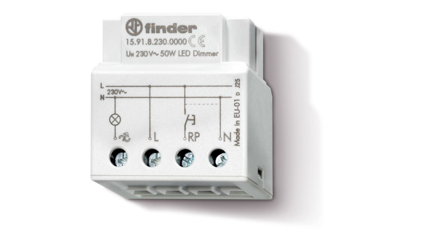 Interruttore crepuscolare Finder 15.91.8.230.0000, 230 V, montaggio su guida 38 mm, dimensioni 39 mm x 22.7 mm, protezione termica.