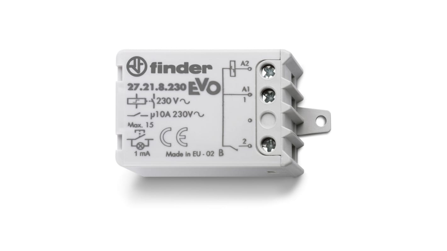Relè di potenza Finder 27, montaggio a pannello, 230V, 10A, dimensioni 32mm x 47mm x 21.5mm, terminale a vite.