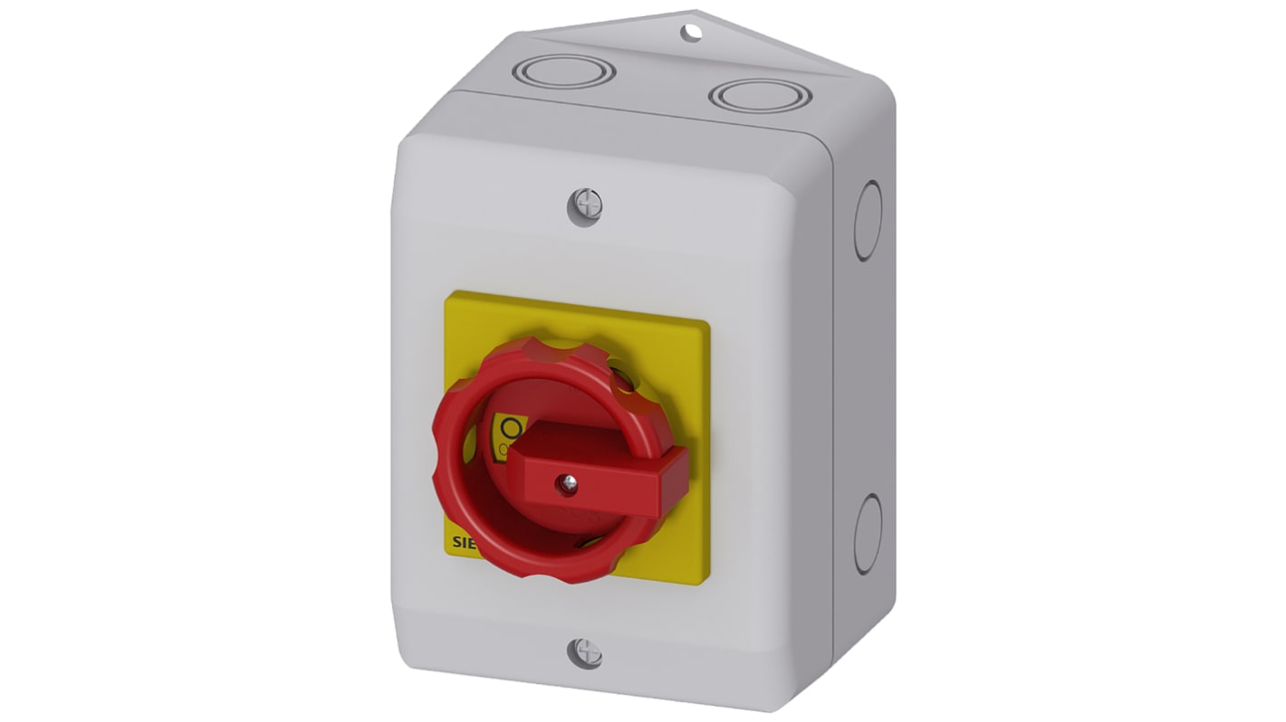 Interruttore di isolamento Siemens 3LD2164-1TC53, 4 poli, 25 A, IP65, azionamento rotante, dimensioni 100x116x140 mm.