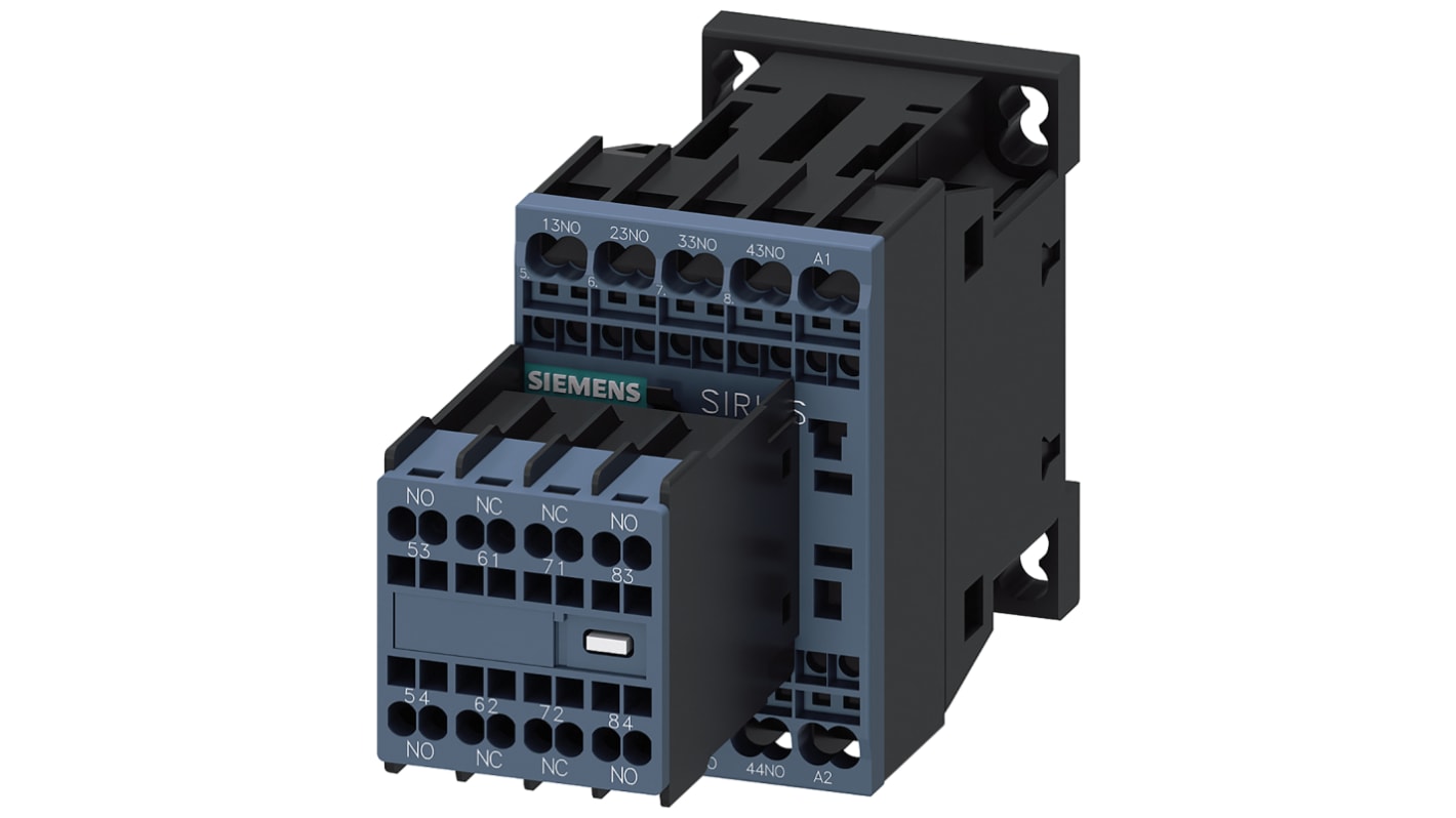 Contattore Siemens 3RH2362-2AF00, 3 poli, 10 A, bobina 110 V c.a., montaggio su guida DIN, interruttore ausiliario rimovibile.