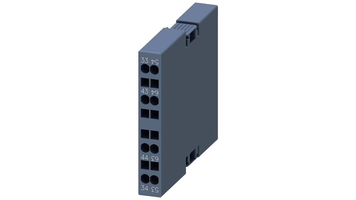 Contatto ausiliario Siemens 3RH29212DA20, serie 3RH2, con 1 contatto normalmente aperto e 2 percorsi di corrente.