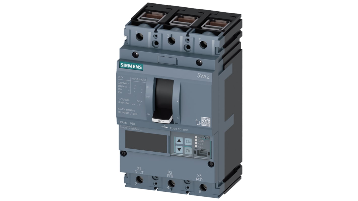 Interruttore automatico del motore Siemens 3VA21635MQ360AA0, 3 poli, corrente nominale 63A, dimensioni 105mm x 107mm x 181mm.