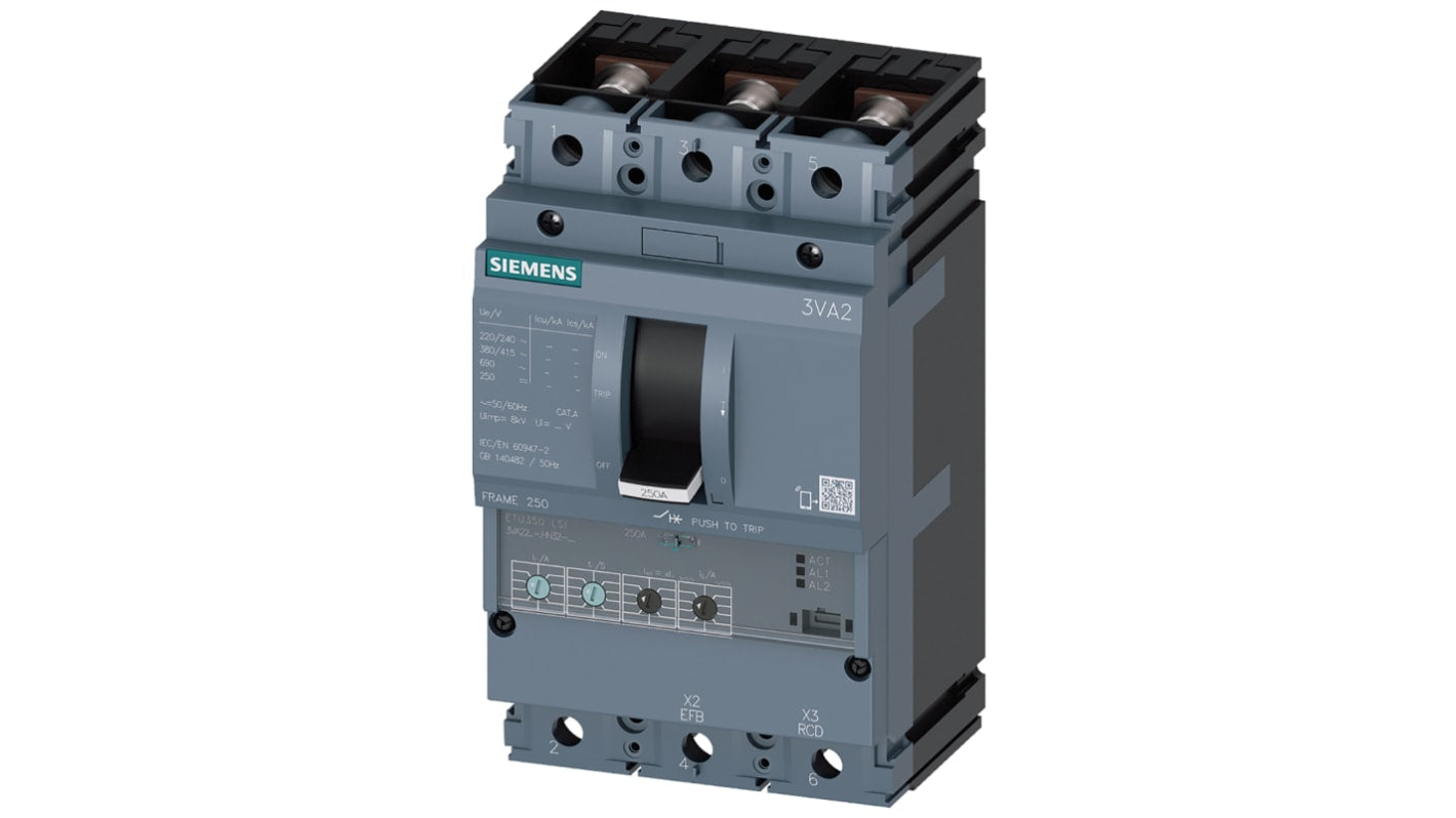 Interruttore automatico del motore Siemens 3VA2225-5HN32-0AA0, 3 poli, 100 a 250 A, capacità di interruzione 55 kA a 415 V, kit di fissaggio incluso. Dimensioni: 105x107x181 mm.