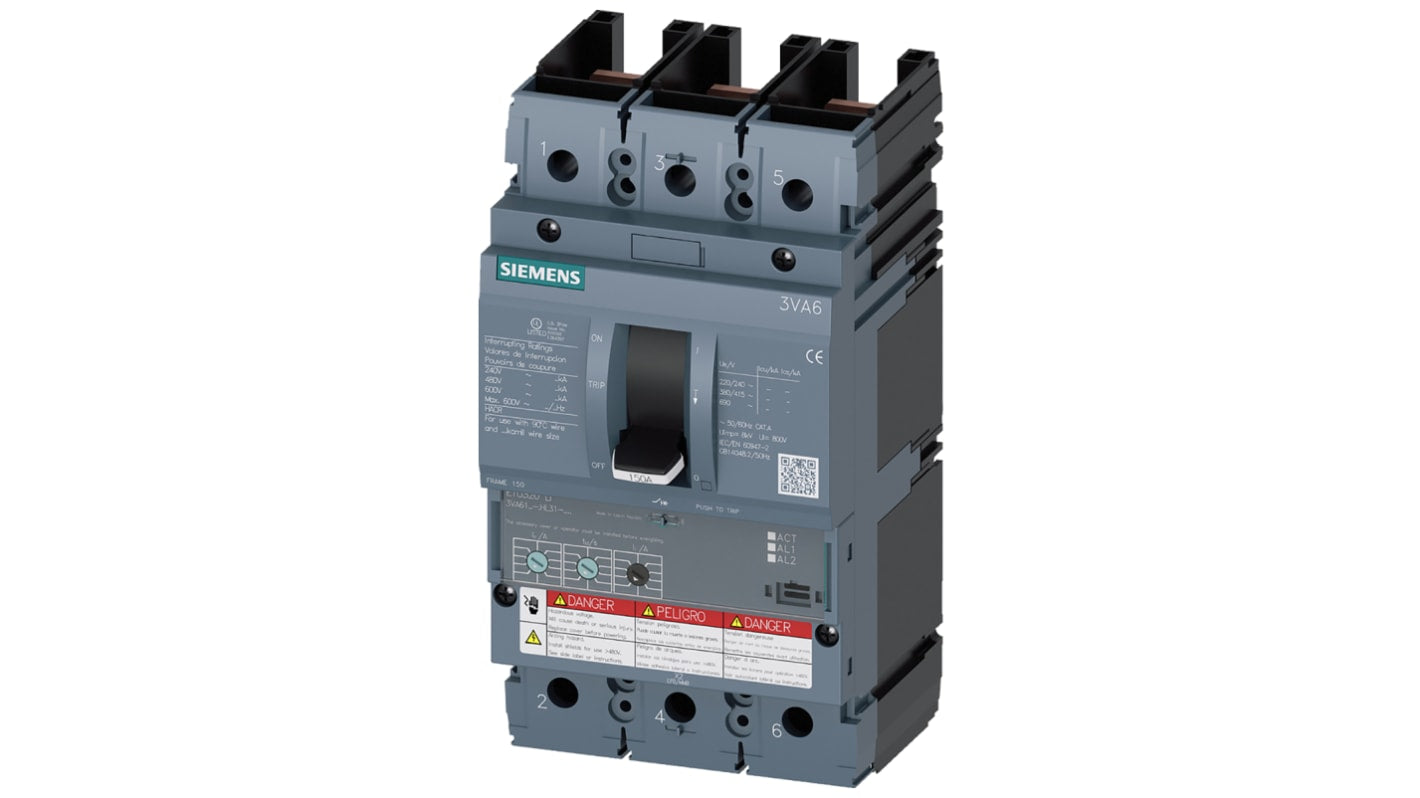 Interruttore automatico del motore Siemens 3VA61155HL312AA0, 3 poli, 60 a 150 A, protezione cortocircuito 1,5-10 In, dimensioni 105x107x198 mm.