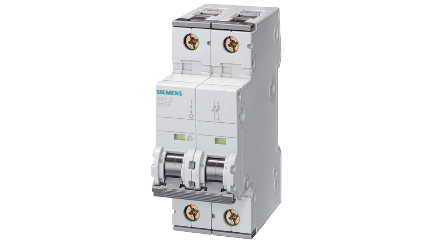 Interruttore magnetotermico Siemens 5SY6202-7, 2P 2A 6kA, Tipo C per sicurezza elettrica. Miniaturizzato, 400V, affidabile. Profondità 70mm.