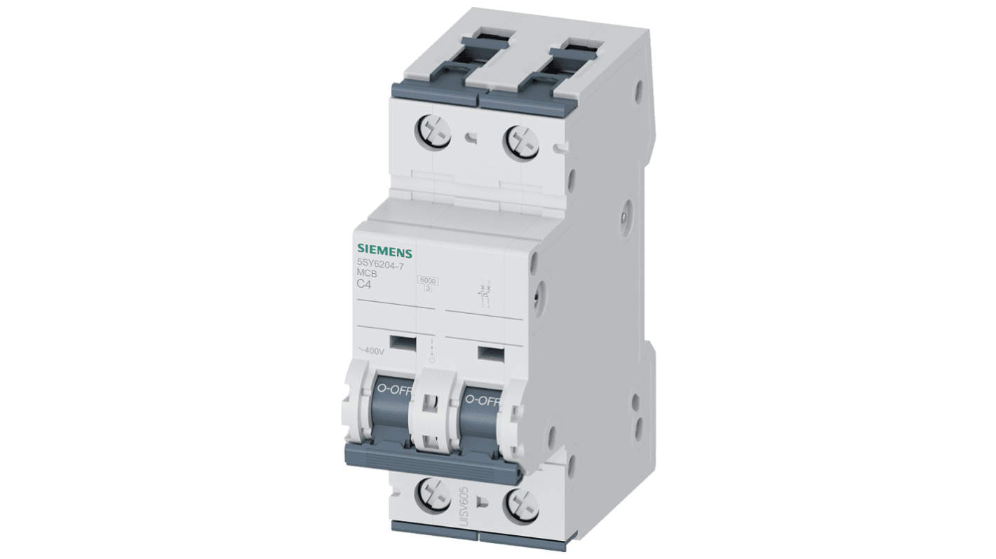 Interruttore magnetotermico Siemens 5SY62047, 2 poli, 4A, Tipo C, montaggio su guida DIN, dimensioni 35.2mm x 76mm x 90mm.