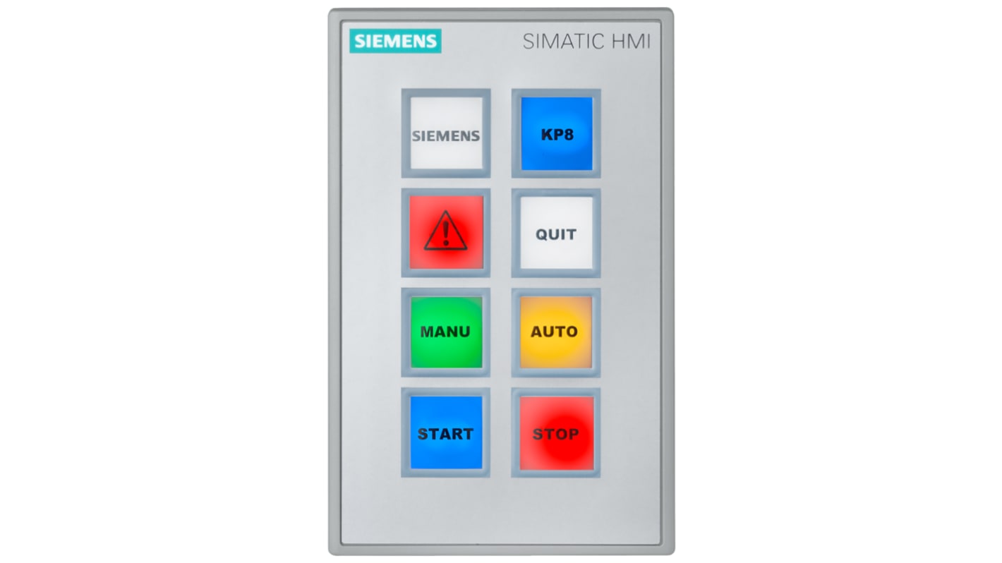 Pannello tasti HMI Siemens 6AV36883AY360AX0, 8 tasti, interfaccia PROFINET, dimensioni 155 x 98 x 49 mm, inclinabile fino a 30 gradi.