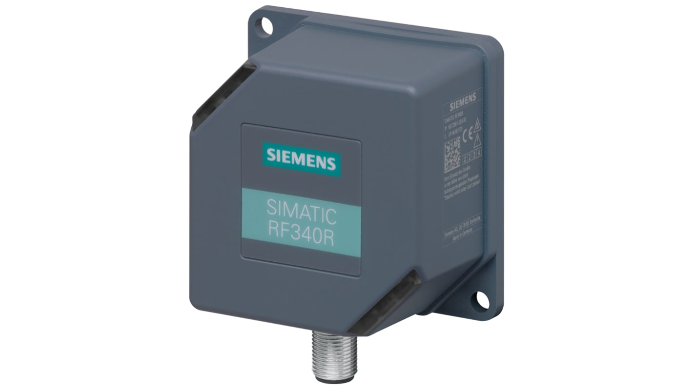 Lettore RFID Siemens 6GT28012BA10, modello RF340R, rilevamento fino a 140 mm, IP67, dimensioni 75 x 75 x 41 mm.