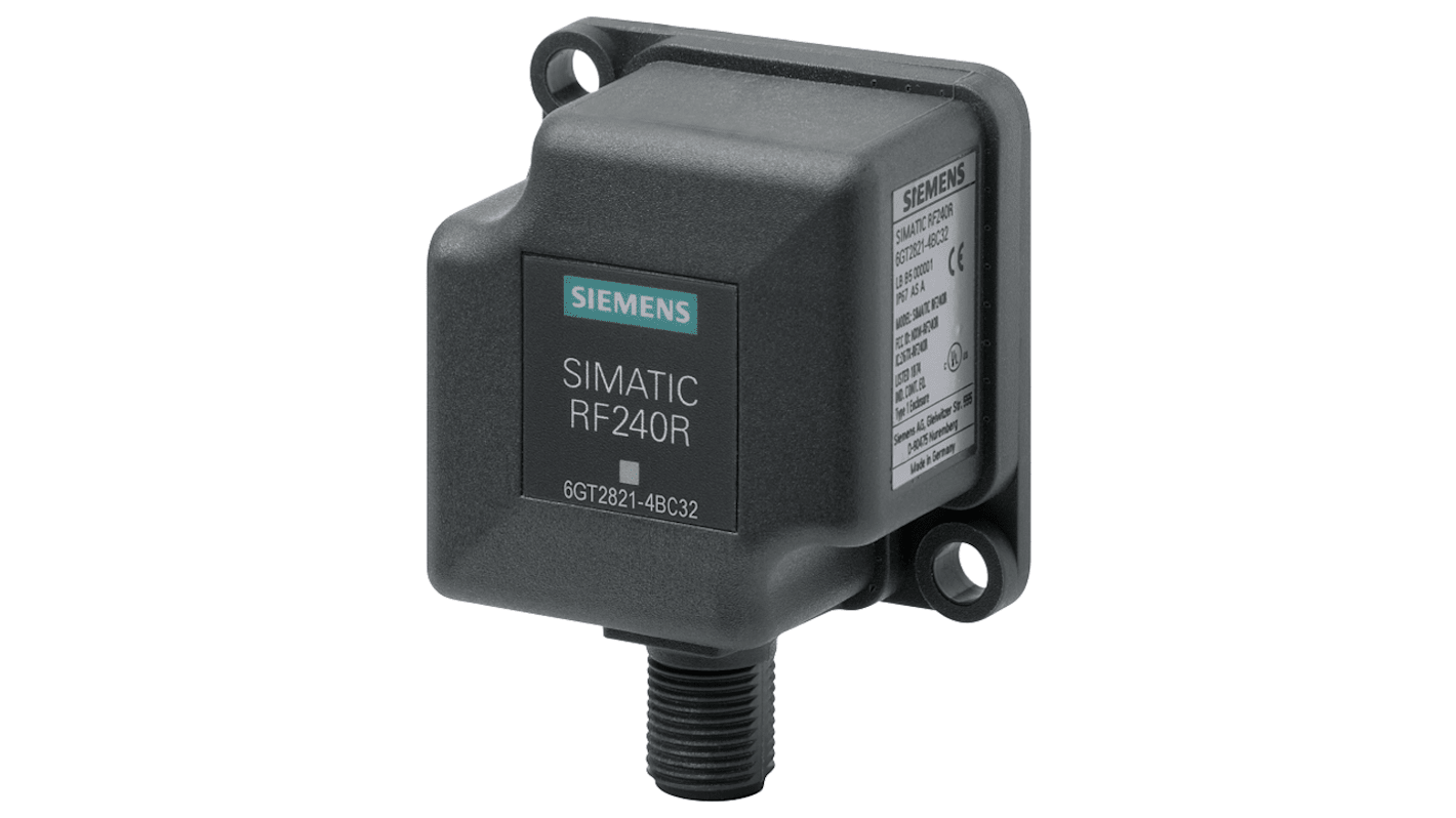 Lettore RFID Siemens 6GT28214AC10, interfaccia RS422, rilevamento fino a 65 mm, IP67, dimensioni 50 x 50 x 30 mm.