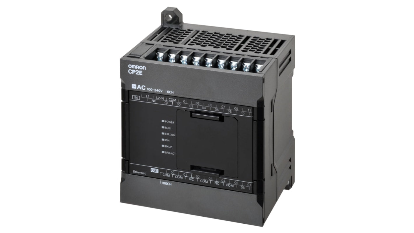 Omron CP2E-N20DT1-D, CPU PLC compatto con 12 ingressi digitali, montaggio a pannello, dimensioni 86 x 45 x 110 mm.