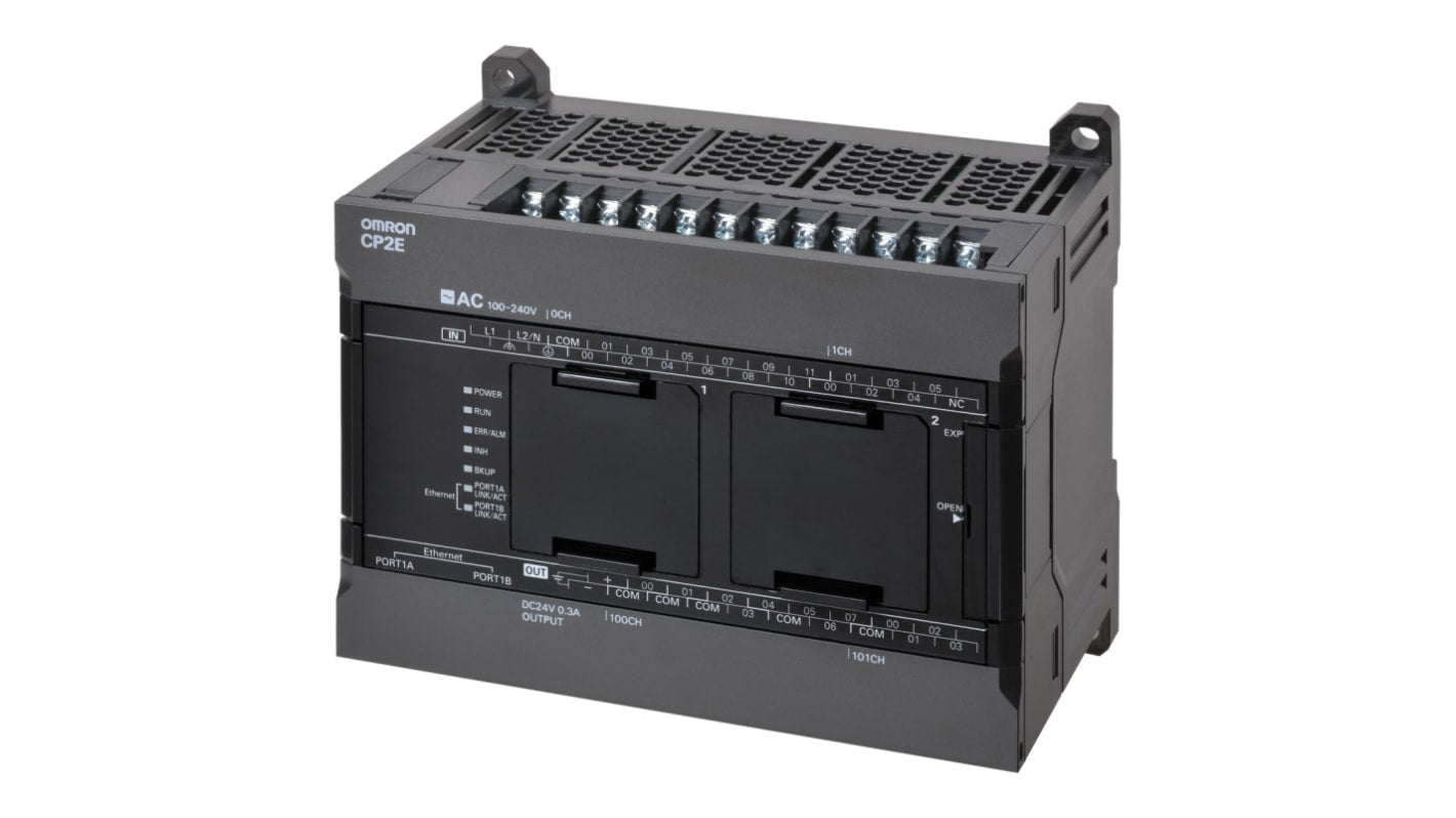 Omron CP2E-N30DT1-D, CPU PLC compatto con 18 ingressi digitali, 12 uscite, montaggio a pannello, dimensioni 80 x 130 x 110 mm.