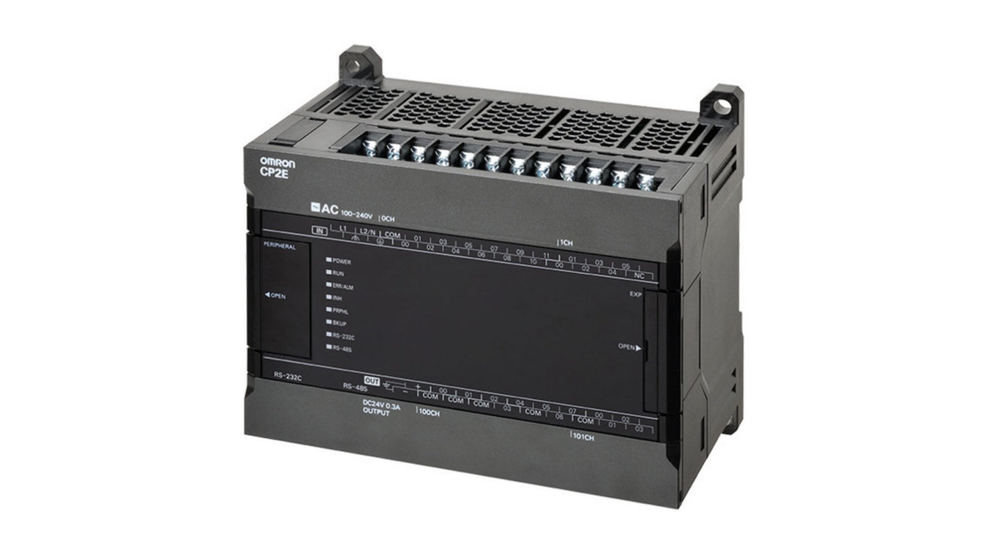 Omron CP2E-S30DR-A, CPU PLC compatto con 18 ingressi digitali, 12 uscite relè, montaggio a pannello, dimensioni 80 x 130 x 110 mm.