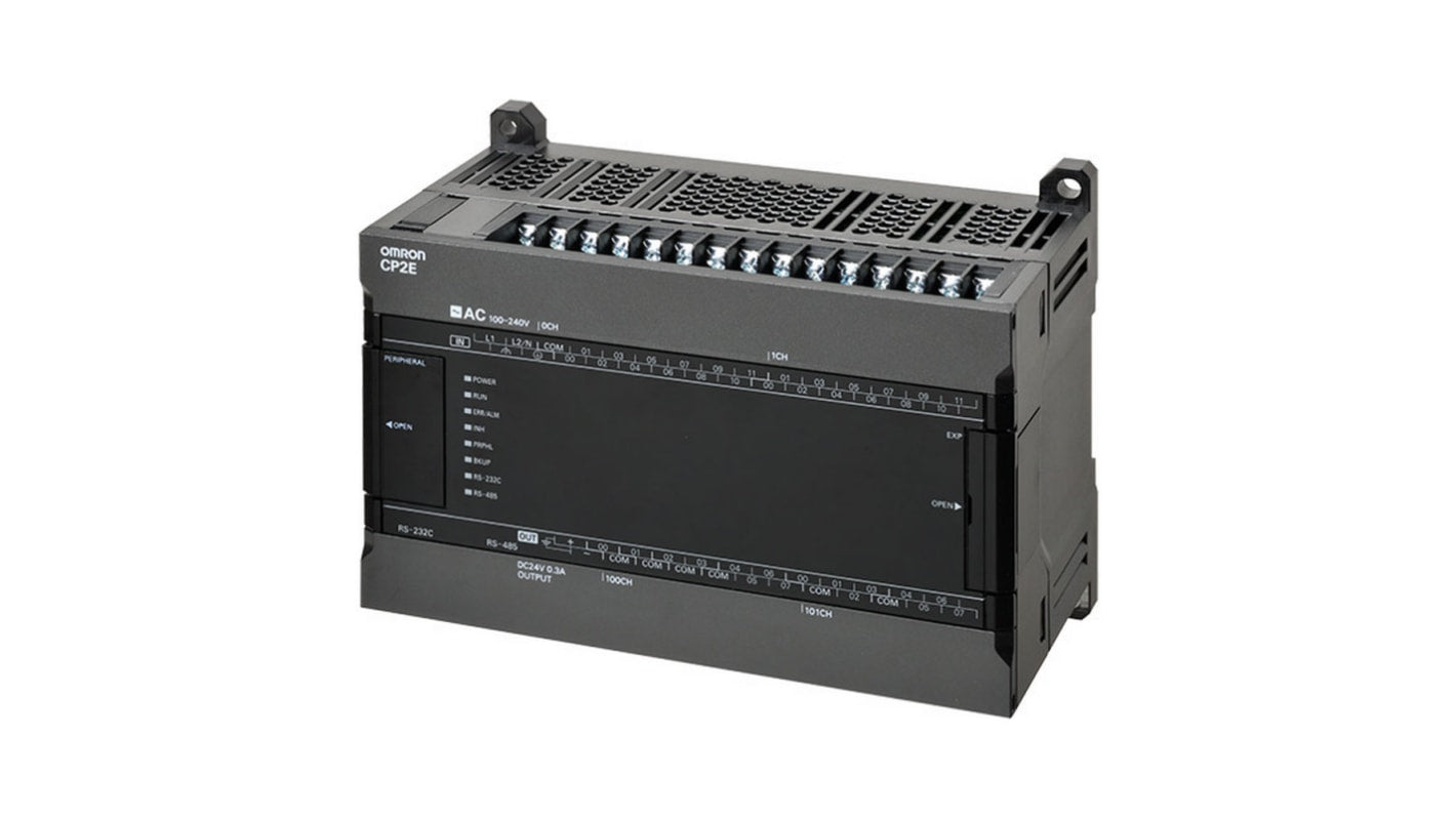 Omron CP2E-S40DT-D, CPU PLC compatto con 24 ingressi digitali, montaggio a pannello, dimensioni 150 x 80 x 110 mm.