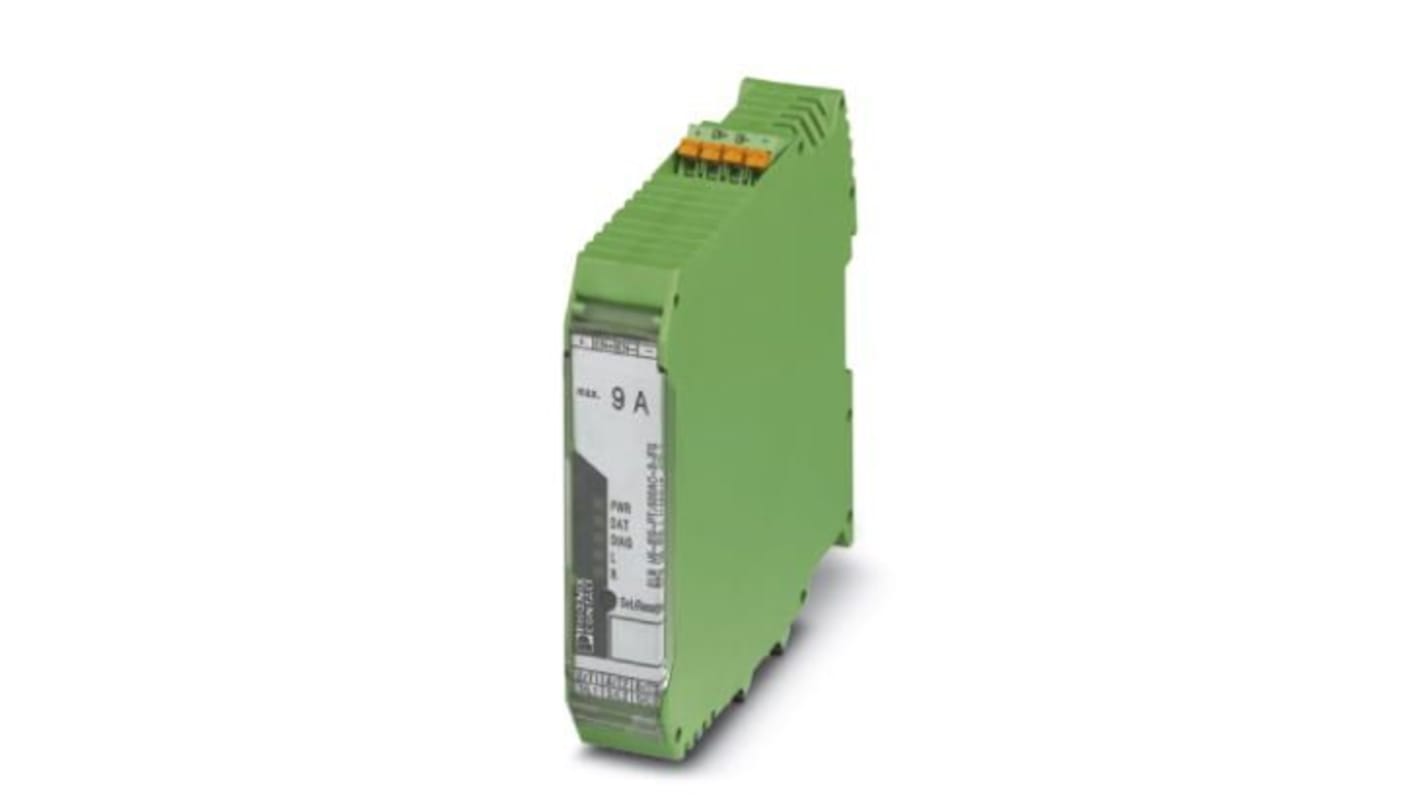 Starter motore 3 fasi Phoenix Contact 2905140, 24 V CC, montaggio su guida DIN, dimensioni 107.5 x 22.5 x 114 mm, adatto per motori fino a 9 A.
