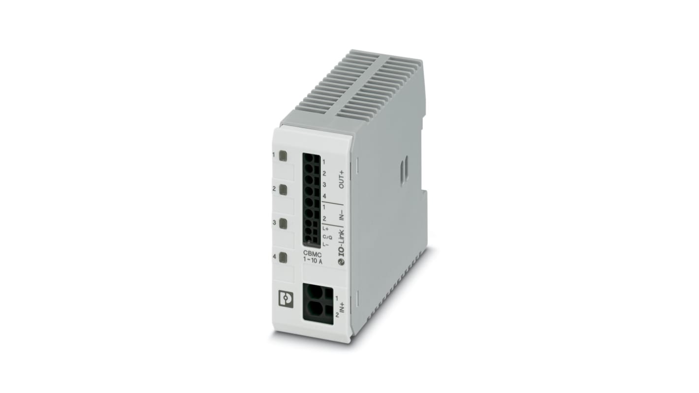 Interruttore di sicurezza elettronico Phoenix Contact 2910411, 10A, 24V, montaggio su guida DIN, dimensioni 90mm x 36mm x 98mm.