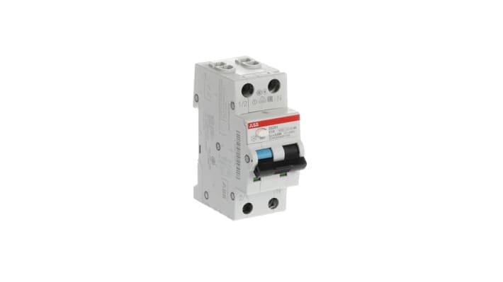 Interruttore differenziale ABB DS201 C10, 2 poli, 10 A, 30 mA, montaggio su guida DIN, dimensioni 85 x 69 x 35 mm.