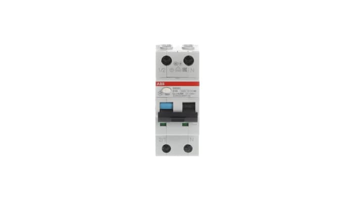 Interruttore differenziale ABB DS201 C10, 2 poli, 10 A, 30 mA, montaggio su guida DIN, dimensioni 85 x 69 x 35 mm.