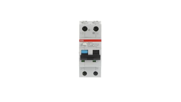 Interruttore differenziale ABB 2P 16A, 100mA, montaggio su guida DIN, dimensioni 85 x 69 x 35mm, grado di protezione IP40.