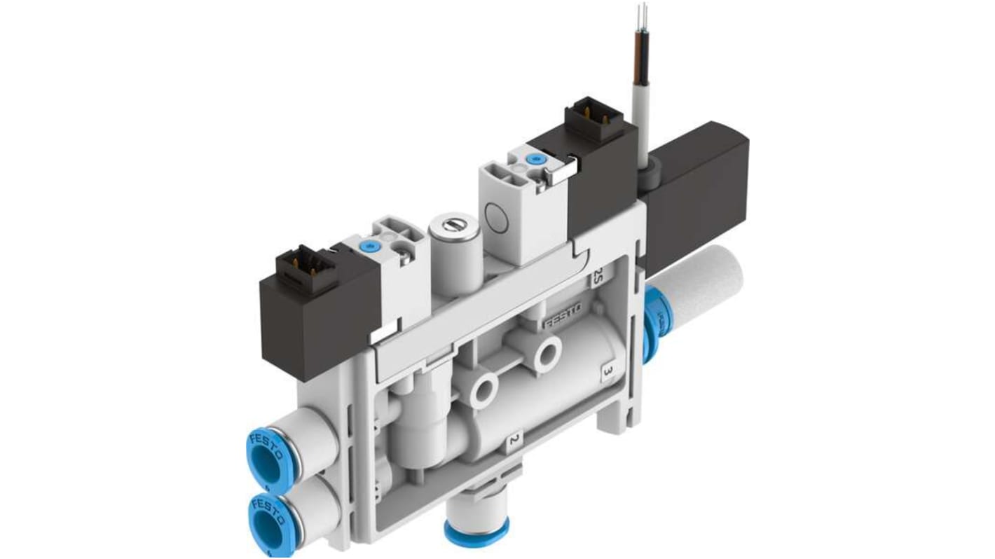 Pompa per vuoto Festo OVEL-10-H-15-PQ-VQ6-UA-C-A-V1PNLK-H3, flusso massimo 21 L/min, pressione di vuoto 3.8 bar, display LED.