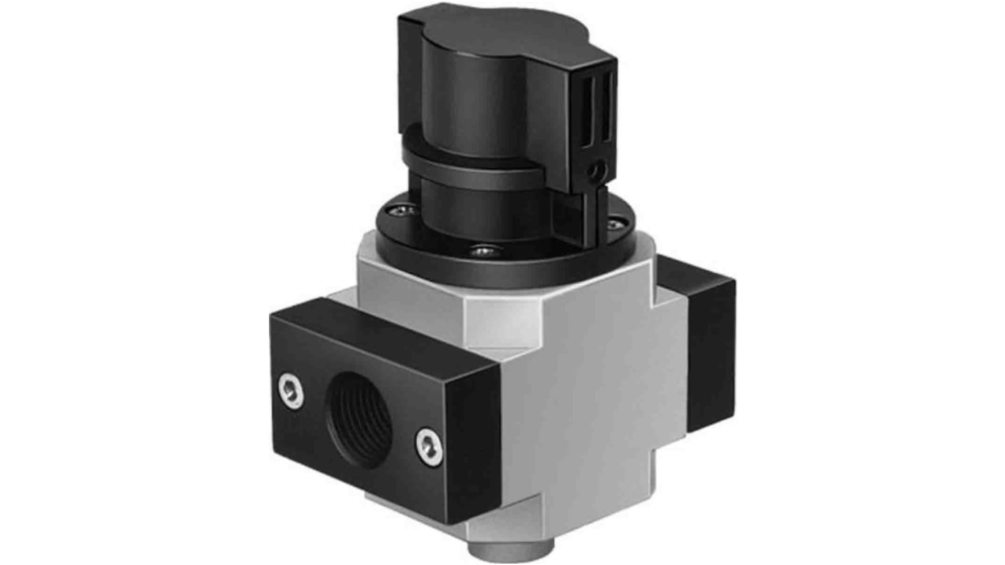 Valvola pneumatica Festo HE-1/2-D-MIDI, 3/2 bistabile, filettature G 1/2 e G 1/4, pressione max 8 bar, temperatura -5/+50 °C.