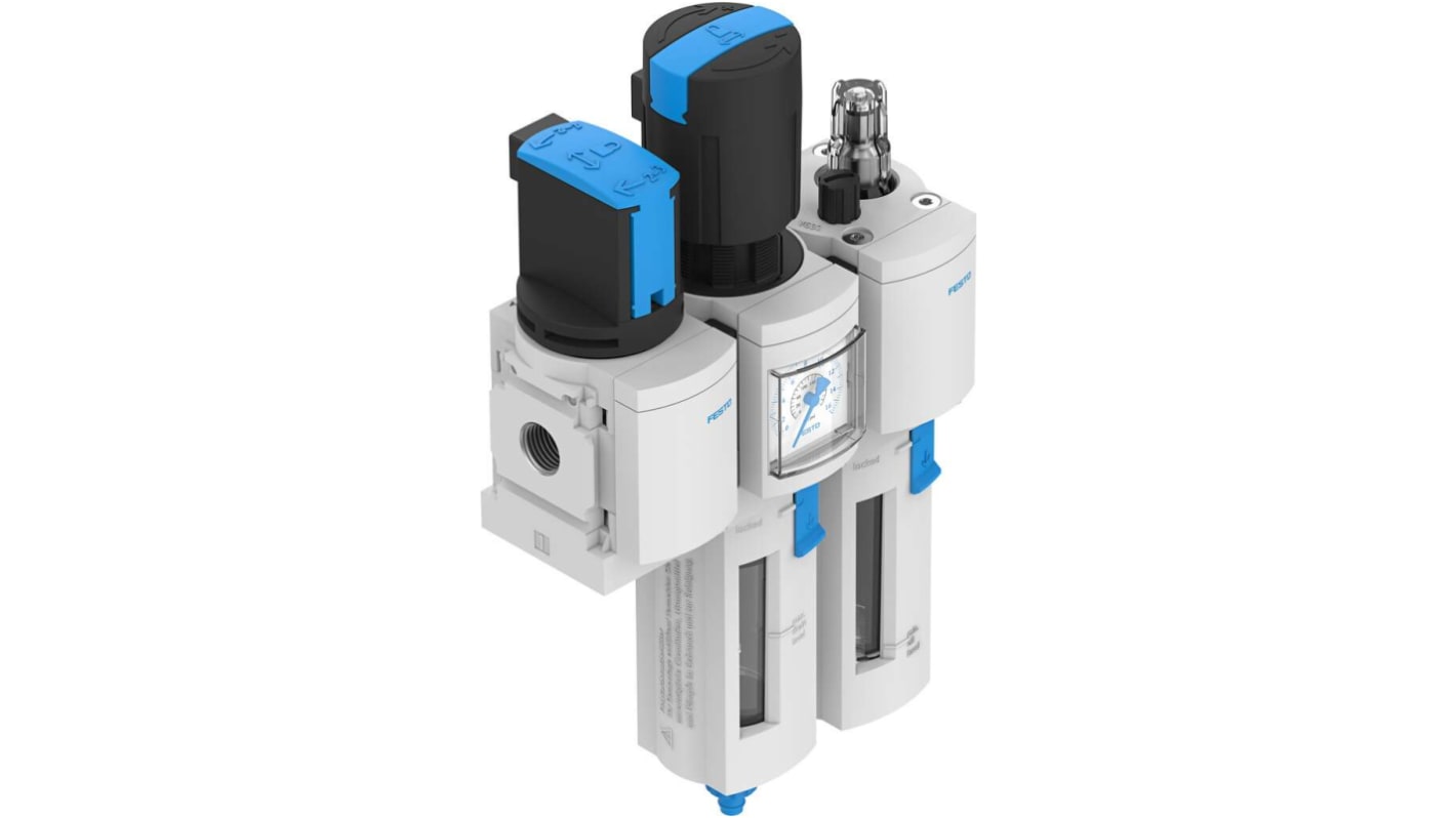 Gruppo FRL Festo MSB4-1/4:C3J1M1-WP con attacco G 1/4, filtrazione 40μm, manometro e lubrificatore integrato.