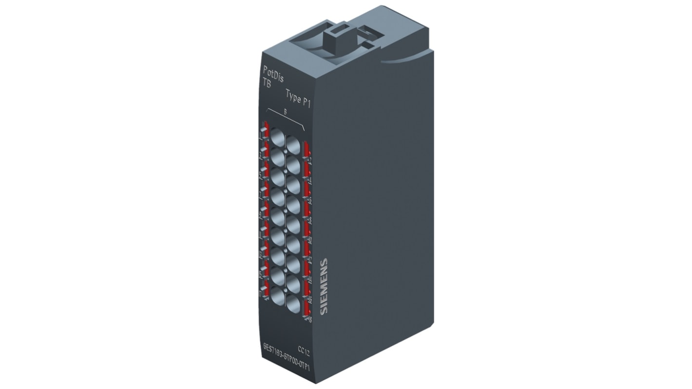 Morsettiera Siemens 6ES7193-6TP00-0TP1 per ET 200SP, 48 V, dimensioni 15 x 74 x 34 mm, installazione rapida con terminali push-in.