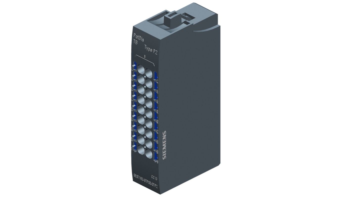 Morsettiera Siemens 6ES7193-6TP00-0TP2 per ET 200SP, supporta 18 terminali, tensione 48 V, dimensioni 15 x 74 x 34 mm.