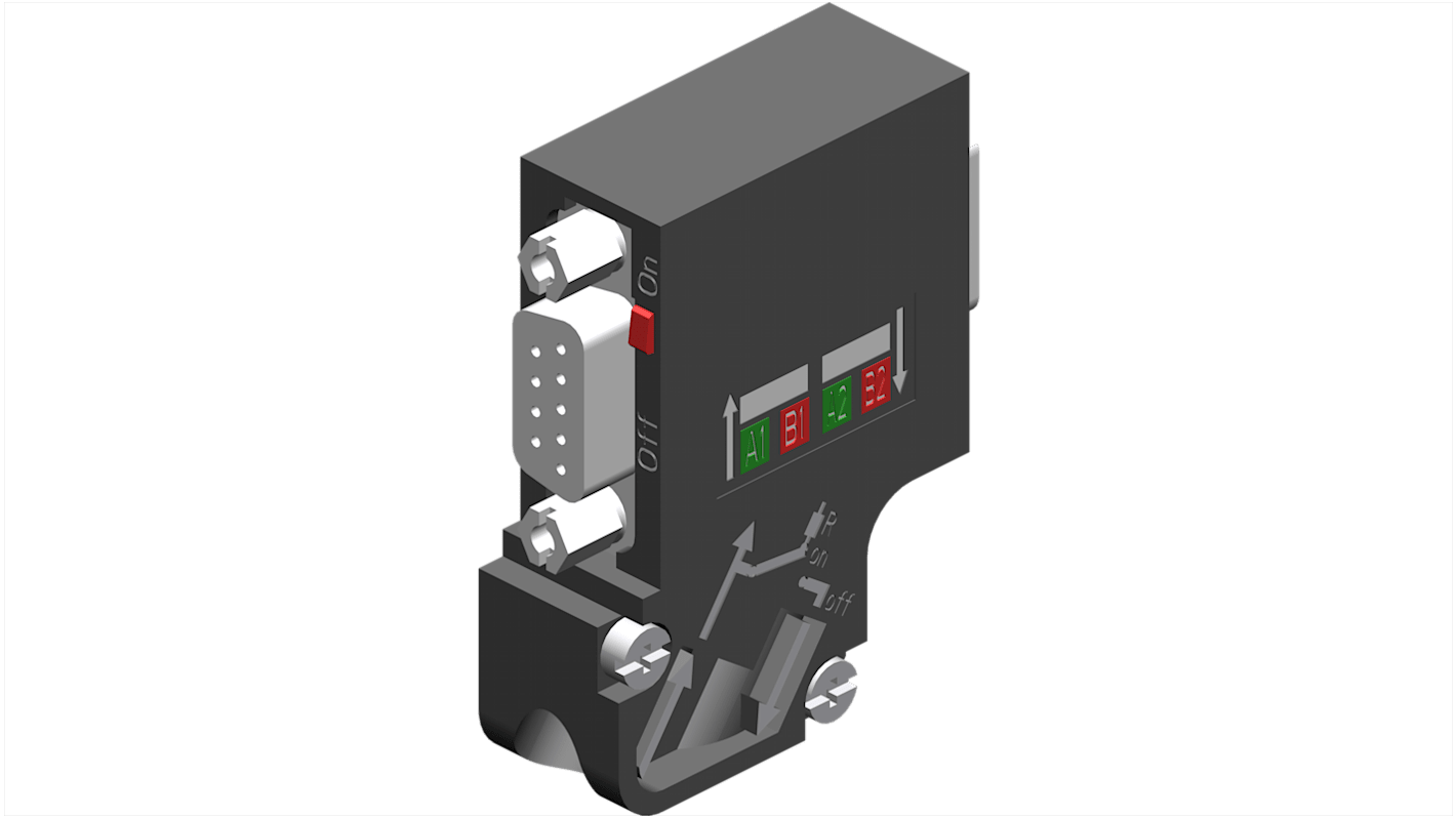 Connettore bus Siemens 6ES7972-0BB61-0XA0, 9 pin, per cavo PROFIBUS, temperatura max +60°C, dimensioni 15,8 x 54 x 39,5 mm.