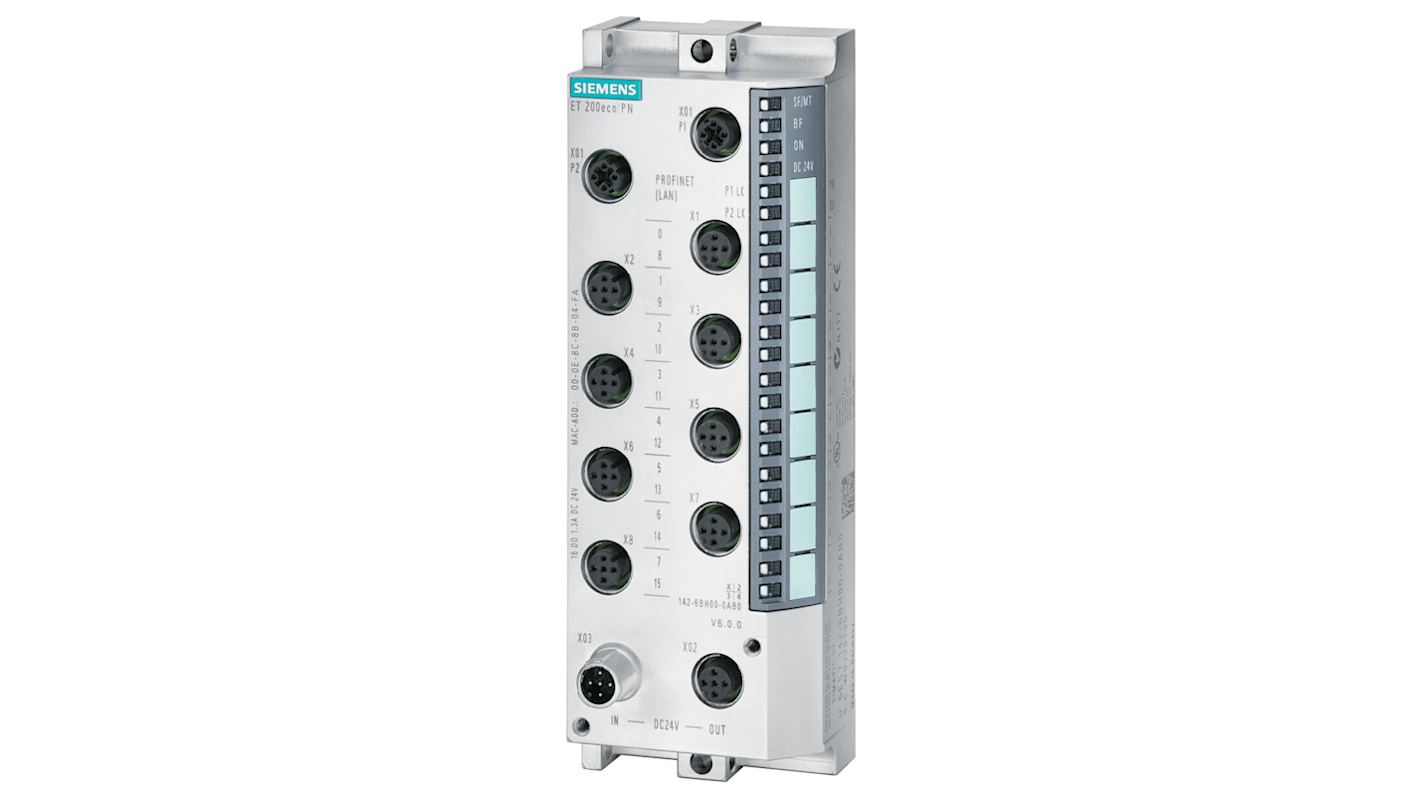 Modulo I/O digitale Siemens 6ES7141-6BG00-0AB0, 8 ingressi/uscite, IP67, 24 V c.c., dimensioni 175 x 60 x 49 mm.