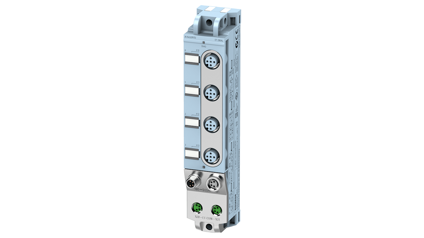 Modulo I/O analogico Siemens 6ES7144-5KD00-0BA0, 4 ingressi e 4 uscite, dimensioni 159 x 30 x 40 mm, protezione cortocircuiti.
