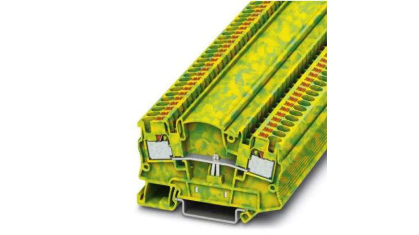 Morsettiera modulare di messa a terra Phoenix Contact, 2 vie, cavo 24-10 AWG, montaggio NS 35/7,5 e NS 35/15, colore verde/giallo.