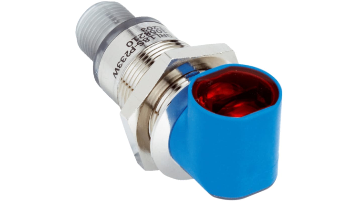 Sensore fotoelettrico cilindrico a retroriflessione Sick GRL18S-F233W, rilevamento fino a 7,2 m, IP67, connettore M12.
