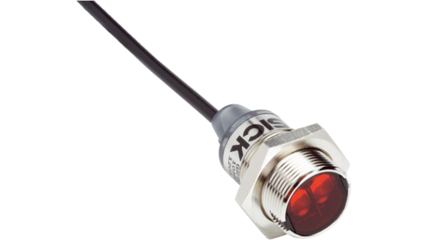 Sensore fotoelettrico cilindrico Sick GRL18S-P1331 a retroriflessione, rilevamento fino a 7,2 m, IP67, custodia metallica.